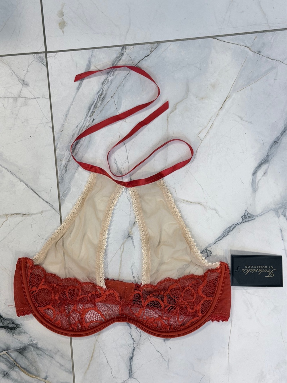 Frederick’s of Hollywood Red Lace Nude Illusion Halter Underwire Bra Size S